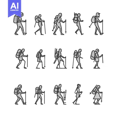 Aset desain premium: Hand-drawn illustrations of hikers with backpacks and trekking poles