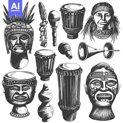 Aset desain premium: Hand-Drawn Illustrations of Indigenous Musical Instruments and Faces