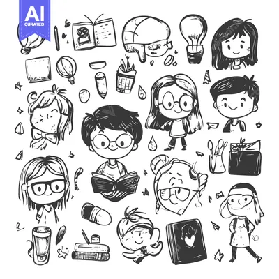 Aset desain premium: Hand-Drawn Illustrations of Kids, Books, and Learning Supplies