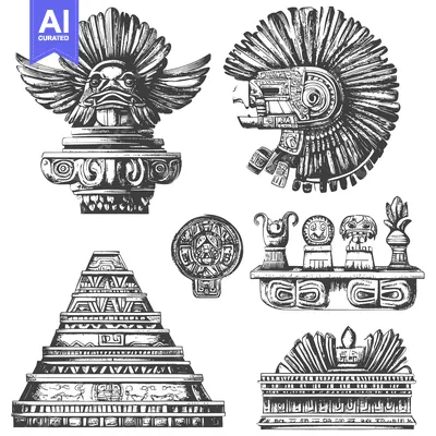 Aset desain premium: Hand-Drawn Illustrations of Mayan Architecture and Artifacts