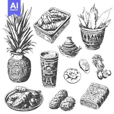Aset premium populer: Hand-Drawn Illustrations of Mayan Culture Artifacts and Plants