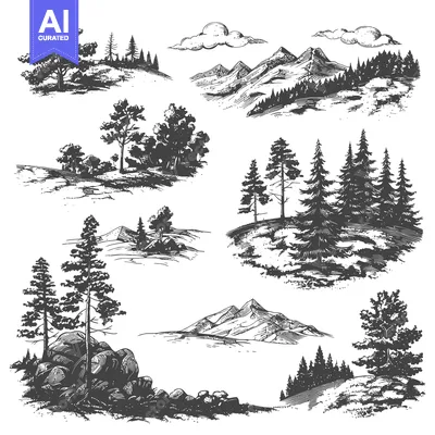 Hand-Drawn Illustrations of Mountains, Trees, and Rocks