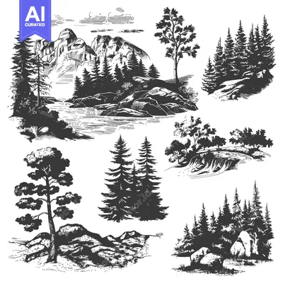 Aset desain premium: Hand-drawn Illustrations of Mountains, Trees, and Rocks