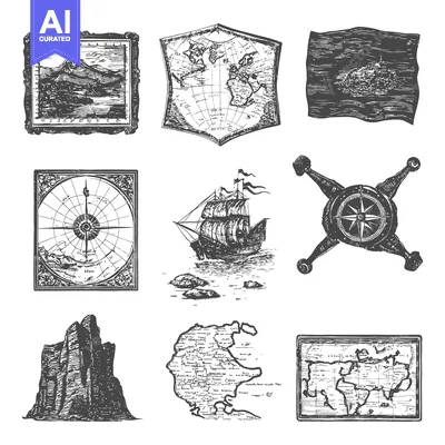 Aset desain premium: Hand-Drawn Illustrations of Nautical and Geographic Elements
