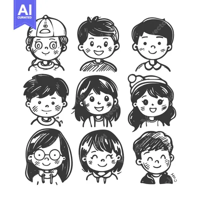 Aset desain premium: Hand-drawn illustrations of nine smiling children