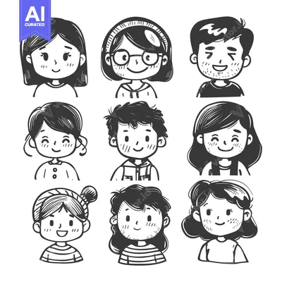 Aset desain premium: Hand-drawn illustrations of nine smiling people with different hairsty