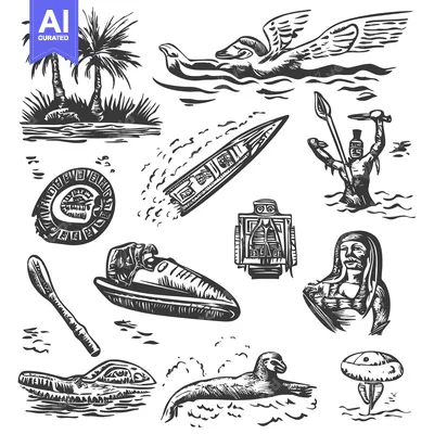 Aset desain premium: Hand-Drawn Illustrations of Ocean Life and Tropical Elements