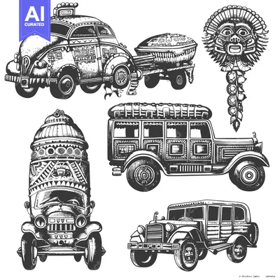 Aset premium populer: Hand-Drawn Illustrations of Ornate Cars and a Tribal Mask