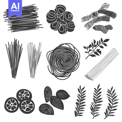 Aset premium populer: Hand-Drawn Illustrations of Pasta Shapes, Citrus Fruit, and Herbs