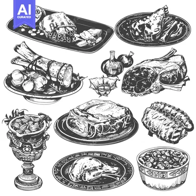 Premium design asset: Hand-Drawn Illustrations of Roasted Meats and Dishes on Plates