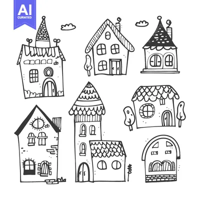 Premium design asset: Hand-Drawn Illustrations of Seven Unique Houses with Different Archite