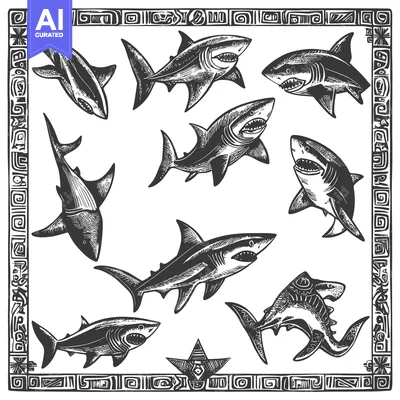 Aset desain premium: Hand-drawn Illustrations of Sharks with Tribal Frame