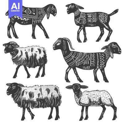 Aset desain premium: Hand-drawn Illustrations of Sheep and Goats with Geometric Patterns