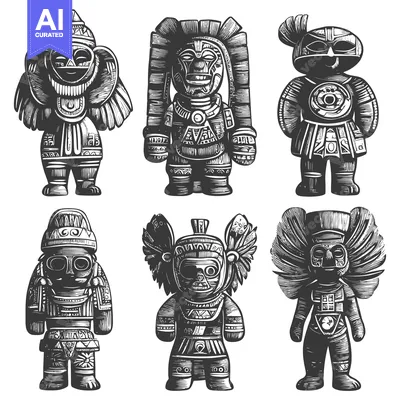 Aset desain premium: Hand-Drawn Illustrations of Six Intricate Ancient Aztec Statues