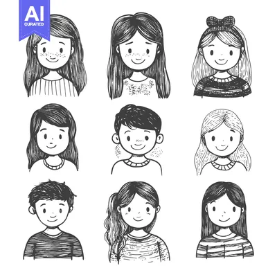 Aset desain premium: Hand-drawn Illustrations of Smiling Children in Striped Shirts