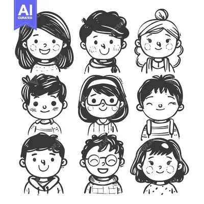 Aset premium populer: Hand-Drawn Illustrations of Smiling Children with Different Hairstyles