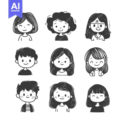Aset desain premium: Hand-Drawn Illustrations of Smiling People with Different Hairstyles