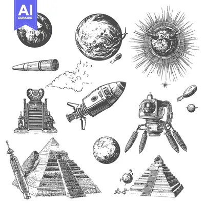 Hand-Drawn Illustrations of Space Exploration and Ancient Civilization