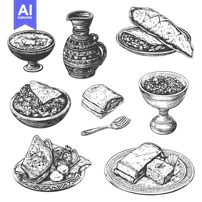 Premium design asset: Hand-Drawn Illustrations of Traditional Middle Eastern Dishes and Uten