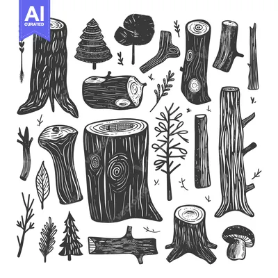 Aset premium populer: Hand-drawn illustrations of tree stumps, branches, and leaves