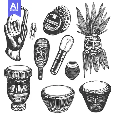 Hand-Drawn Illustrations of Tribal Masks, Drums, and Artifacts