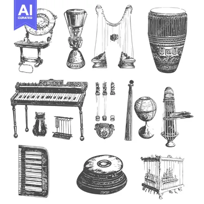Hand-drawn illustrations of various antique musical instruments
