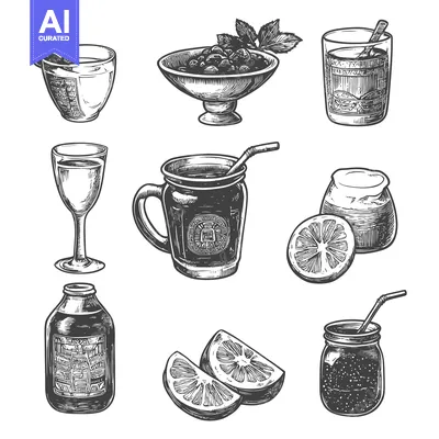 Aset premium populer: Hand-Drawn Illustrations of Various Beverages with Citrus and Herbs