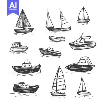 Hand-Drawn Illustrations of Various Boats and Sailboats