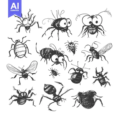 Aset premium populer: Hand-Drawn Illustrations of Various Bug Species with Large Eyes