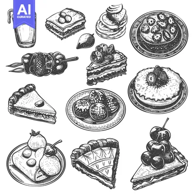 Aset desain premium: Hand-drawn Illustrations of Various Cakes, Pies, and Fruit