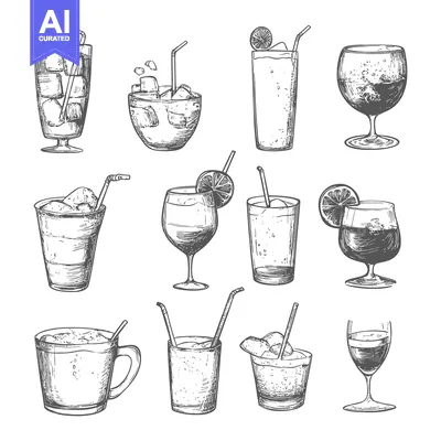 Hand-drawn illustrations of various cocktails with straws, ice, and ga