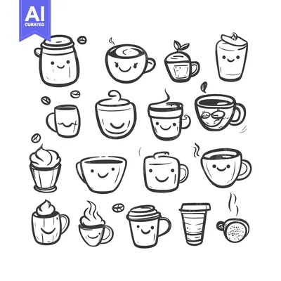 Aset premium populer: Hand-drawn Illustrations of Various Coffee and Tea Cups with Smiley Fa