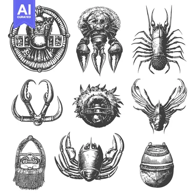 Premium design asset: Hand-Drawn Illustrations of Various Crustaceans and a Pot