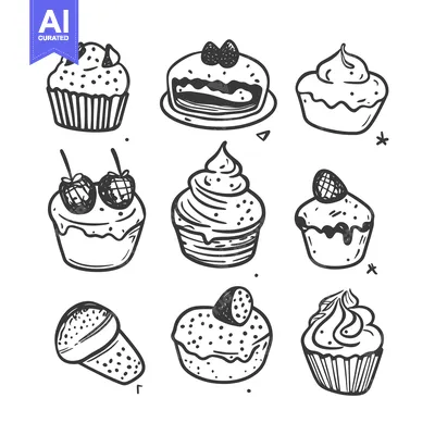 Aset desain premium: Hand-Drawn Illustrations of Various Cupcakes and Cakes