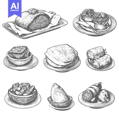 Premium design asset: Hand-drawn illustrations of various filled pastries and pies on plates
