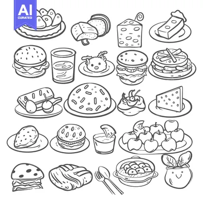 Aset desain premium: Hand-Drawn Illustrations of Various Food Items
