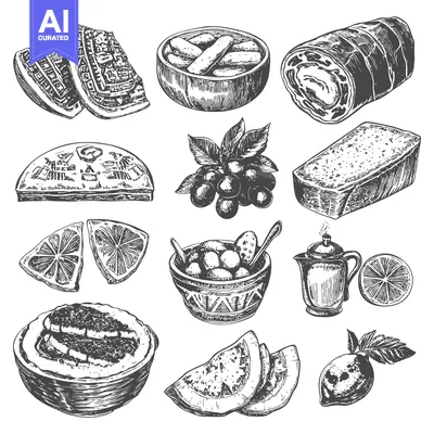 Aset desain premium: Hand-Drawn Illustrations of Various Foods and Beverages