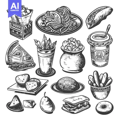 Hand-Drawn Illustrations of Various Foods in Black and White