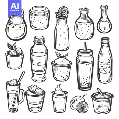Hand-Drawn Illustrations of Various Glass Containers with Drinks and F
