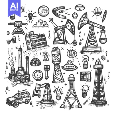 Aset desain premium: Hand-drawn illustrations of various industrial and technological objec