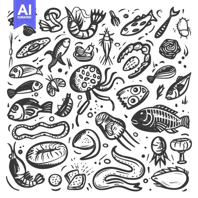 Aset desain premium: Hand-Drawn Illustrations of Various Marine Life, Including Fish, Shrim