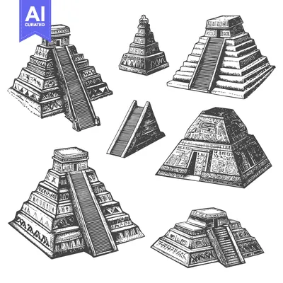 Hand Drawn Illustrations of Various Mayan Pyramids
