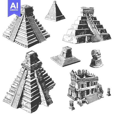 Aset desain premium: Hand-Drawn Illustrations of Various Mayan Pyramids and Structures