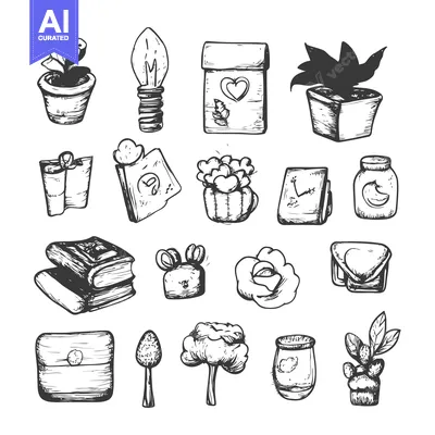 Aset desain premium: Hand-Drawn Illustrations of Various Objects and Plants