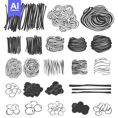 Hand-Drawn Illustrations of Various Pasta Shapes and Gnocchi