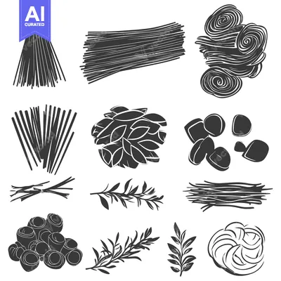 Aset premium populer: Hand-Drawn Illustrations of Various Pasta Shapes and Herbs