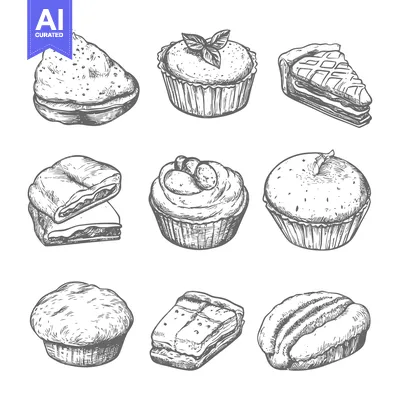 Aset premium populer: Hand-drawn illustrations of various pastries and baked goods