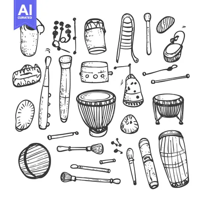 Hand-drawn Illustrations of Various Percussion Instruments