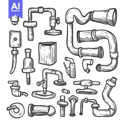 Aset desain premium: Hand-Drawn Illustrations of Various Plumbing and Piping Components