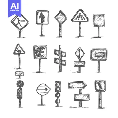Hand-drawn illustrations of various road signs and traffic lights